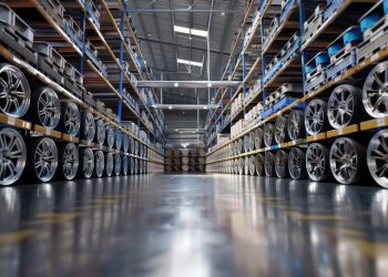 A warehouse brimming with various types of wheels, including stock car rims.